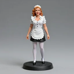 80mm resin detailed miniature of a Scarlett Johansson as Waitress, white blouse, mini-skirt, white apron, White tights, smile, on textured base; Miniature product Photos, 4K, Full body;