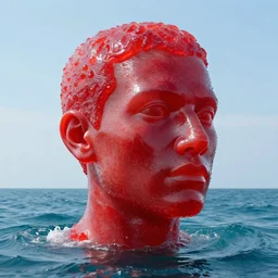 a giant human head sculpture in the sea made out of eatable red jelly, in the style of chad knight, long shot, hyper detailed, hyper realistic, ray tracing, 8 k resolution, sharp focus, realistic water, award winning