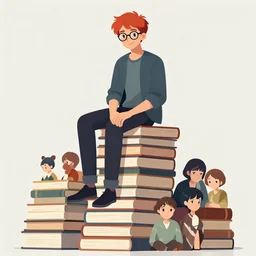 a young man with red hair and glasses sits on top of a tall pile of books. clean cel shaded vector art, beautiful detailed face. shutterstock. behance hd by lois van baarle artgerm, helen huang, by makoto shinkai and ilya kuvshinov, rossdraws, illustration, art by ilya kuvshinov