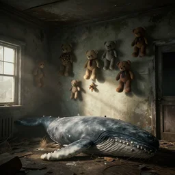 screenshot of an abandoned house, lot of creepy teddy hang on the wall, a gaint whale corpse on ground, strong sunlight, 8 k, unreal engine.