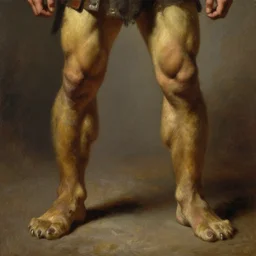 muscular lion as barbarian hunter  full body human legs , very textured detailed oil painting by rembrandt