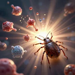 a drawing of 3d molecules flying through the human body and a large tick