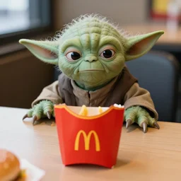 yoda, annoyed, yoda sitting behind a table inside mcdonald's, small red cardboard box on table, yellow m logo on box, sloppy cheeseburger 3 5 mm, f / 2. 8