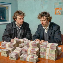 two men and many stacks of money highly detailed oil painting by francis bacon, edward hopper, adrian ghenie, glenn brown, soft light, 4 k, teal and orange