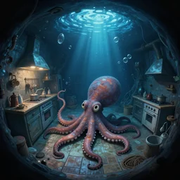 darkness, fisheye spiral, naive, extra narrow, detailed illustration of a basement kitchen, large floor, octopus shaped by rhads from lorax movie, trending artstation, dark blue underwater
