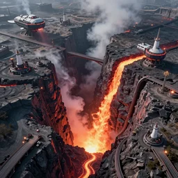 an aerial shot of a giant rift in the earth, with magma, light and steam coming from below, many bridges and tubes crossing the gap, giant flying crafts in and out of the rift, power generators, many lights, immense scale, octane render