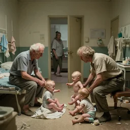 a strange battle in an old hospital between old people and babies Robert Williams Mark Ryden and Alex Gross, Todd Schorr highly detailed
