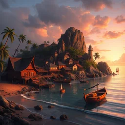 a fisher ( ( ( fantasy ) ) ) village on a ( ( tropical ) ) island, on the beach, scenic view, sunset, matte painting by marc simonetti and rhads and donato giancola, trending on artstation