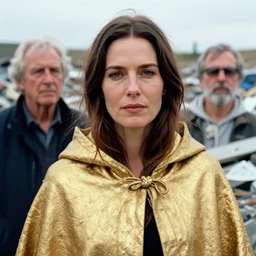 closeup portrait of a woman wearing a cloak made of gold, standing in a landfill, by Annie Leibovitz and Steve McCurry, natural light, detailed face, CANON Eos C300, ƒ1.8, 35mm, 8K, medium-format print