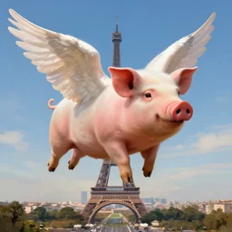 a flying pig with angelic wings, flying over Paris, highly detailed, digital painting, artstation, concept art, smooth, sharp focus, illustration, wallpaper, art by artgerm and greg rutkowski and alphonse mucha and jin xiaodi and anthony devine