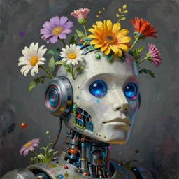 a painting by Thomas Cole of a vaporwave robot head with flowers growing out, highly detailed 3d rendering from 1996