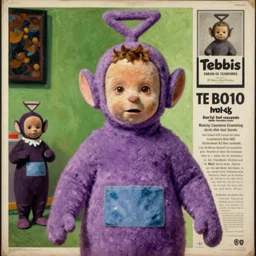 Mark Zuckerberg looks frightened dressed as a Teletubbies from 2010 hyperfeminine, oil on canvas painting from rococo era Mark Zuckerberg portrait, vintage advertisment CMYK coloured lithography in the style of Bjork