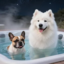 ! dream a small french bulldog and a big samoyed swimming in a hottub, highly detailed, sharp focus, trending on art station, fog and starry skies