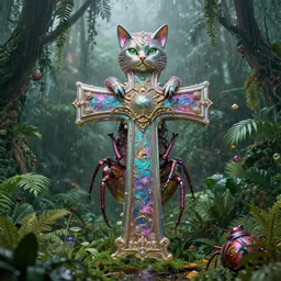 giant iridescent cross between a feline and bug creature in lush jungle, raining, foggy, moody, :: by Jeff Koons, Dan McPharlin Daniel Merrian :: ornate, dynamic, particulate, rich colors, intricate, elegant, highly detailed, centered, artstation, smooth, sharp focus, octane render, 3d