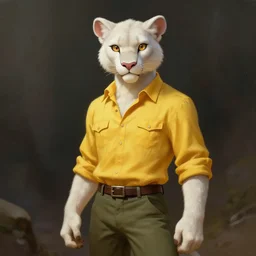 fursona commission anthropomorphic albino mountain lion wearing a yellow button-down shirt and olive green slacks, pretty, beautiful, DnD character art portrait, matte fantasy painting, DeviantArt Artstation, by Jason Felix by Steve Argyle by Tyler Jacobson by Peter Mohrbacher, cinematic lighting