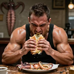 a very vascular, sweaty body builder angrily eating a squid sandwich, while sitting at a table with a large squid on top.