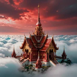 a beautiful ancient godly temple of Wat Rong Khun on the clouds, red and teal color scheme, concept artwork by dan mumford