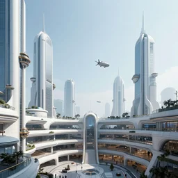 a scene of a futuristic sky city mall with steampunk air vehicles taken from a distance, minimalist, blue and white, cinematic lighting