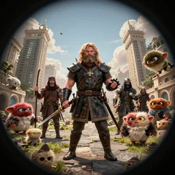 frame from braveheart gremlins, 3d scene, trending on Artstation, 8K, ultra wide angle, pincushion lens effect.
