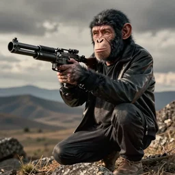 Jimmy McGill or Saul Goodman is chimp with a machine gun, still from Breaking Bad,