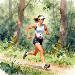 a female orienteer runs in the forest, watercolor on canvas.