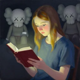 illustration of a russian girl reading a book in the dark by shusei nagaoka kaws, david rudnick, airbrush on canvas, pastell colors, cell shaded