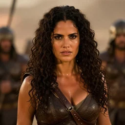 epic photo of muscular salma hayek as beautiful amazon warrior queen with long curly black hair, battle scene, sweaty, detailed eyes, neutral expression, shallow depth of field, photorealistic, cinematic lighting, lovely bokeh, warm colours, dusk, movie quality, conan the destroyer 1 9 8 5, movie still, cinemascope