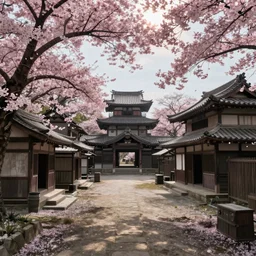 old empty samurai city surrounded by sakura trees few