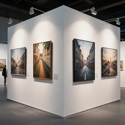 an exhibition booth showing modern art, 4 k, photography, highly detailed, cinematic lighting, journalism