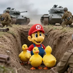 waluigi ducks behind a trench during wwii, amidst real soldiers and tanks