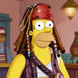 A still of Homer Simpson as Jack Sparrow from Pirates of the Caribbean (2001). Extremely detailed. Beautiful. 4K. Award winning.