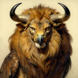 a mystic creature with the body and eyes of a man, with the beak of an eagle instead of a nose, with the mane of a lion, with two horns of an ox on the head. drawn by frank frazetta