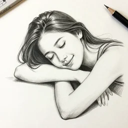 drawing of a happy woman resting, hyper detailed