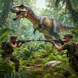 soldiers aiming rifles at a dinosaur in the jungle, very highly detailed, 4k, cinematic, unreal engine 5
