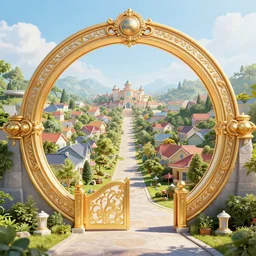 circular magic gate that leads to a rich suburban community. fantastical, elaborate, awe, urban fantasy, intricate, elegant high detailed digital art trending in artstation. artist greg rutkowski