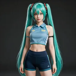 hatsune miku wearing crop gym top with white lettering, crop yoga short, Advertising photography by Mario Testino, masterwork, cgstudio