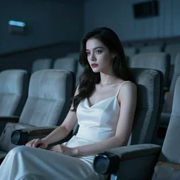 cinestill 5 0 d wide photo portrait of a beautiful woman by roversi sitting in a dystopian abandoned cinema, wearing white dress, elegant, highly detailed, pale blue tonal glossy, soft blur, artstation, sharp focus, head in focus,