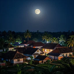 a village in kerala at moonlight, hyperealistic, cinematic
