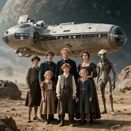 highly detailed, 16024777216k film still from a sci fi blockbuster color movie made in 2019, set in 1860, of a family standing in front of a spaceship that has just landed on an alien planet, a humanoid alien creature stands nearby, the family are all wearing 1860s era clothes, in focus, good lighting, good photography, ultra high definition