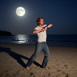 brad pitt, dancin disco, on the beach, full moon