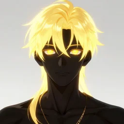 glowing black male anime character, golden hair, yellow eyes, symmetrical, highly detailed, digital art, sharp focus, trending on art station, samurai, electricity superpowers, anime art style