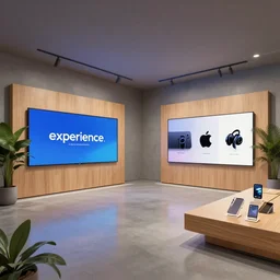 2 0 3 0 s flagship retail interior. experience. telco digital screens phones. wood, polished concrete, neon, ceiling spots. plants. samsung microsoft apple nike adidas tesla muted colors!!!!!!!!!! ( ( ( ( ( ( digital painting by shaun tan ) ) ) ) ) )
