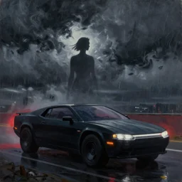 silhouette of Elle Fanning in a black cyberpunk car, stormy weather, extremely detailed masterpiece, oil on canvas, low-key neon lighting, artstation, Blade Runner 2049, Roger Deakin’s cinematography, by J. C. Leyendecker and Peter Paul Rubens,