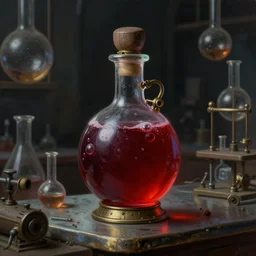 a painting of a steampunk bubbly dark red potion bottle on a counter in a dark dusty vintage science lab, by h. r. giger, hyperrealistic fantasy art, concept matte, ethereal, dreamy, digital art, trending on artstation, volumetric cinematic lighting