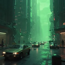 close up a street in a futuristic lovecraftian city in the year 2 3 5 0, cars, green ambient light, trending artstation, 4 k
