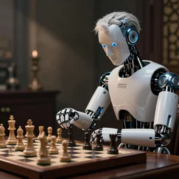 ludwig wittgenstein and a humanoid robot, playing chess, dramatic angle