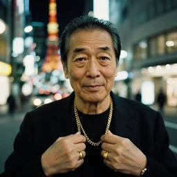 old man in tokyo at night, wearing gold chain, gold rings, cinestill 8 0 0,