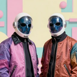 two models in plastic space masks wearing baggy colorful 9 0 s rick owens jackets by frank frazetta. sci fi book cover. pastel brutalist background.