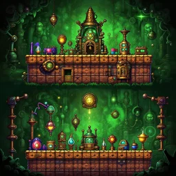 2 d side - scrolling game, platforming level design, super mario - like game levels in the style of steampunk mad cultist's dungeon alchemy lab, evil green tones, hyper detailed painting, 4 k - - aspect 3 2 : 9