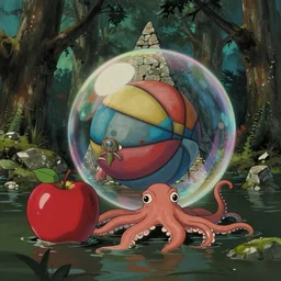 pov hyperrealist, dull colors, interior shot from howls moving castle 2 0 0 4 of an octopus apple next to a multicolored basketball bubble in a flooded woodland stonehenge pyramid. bubble.